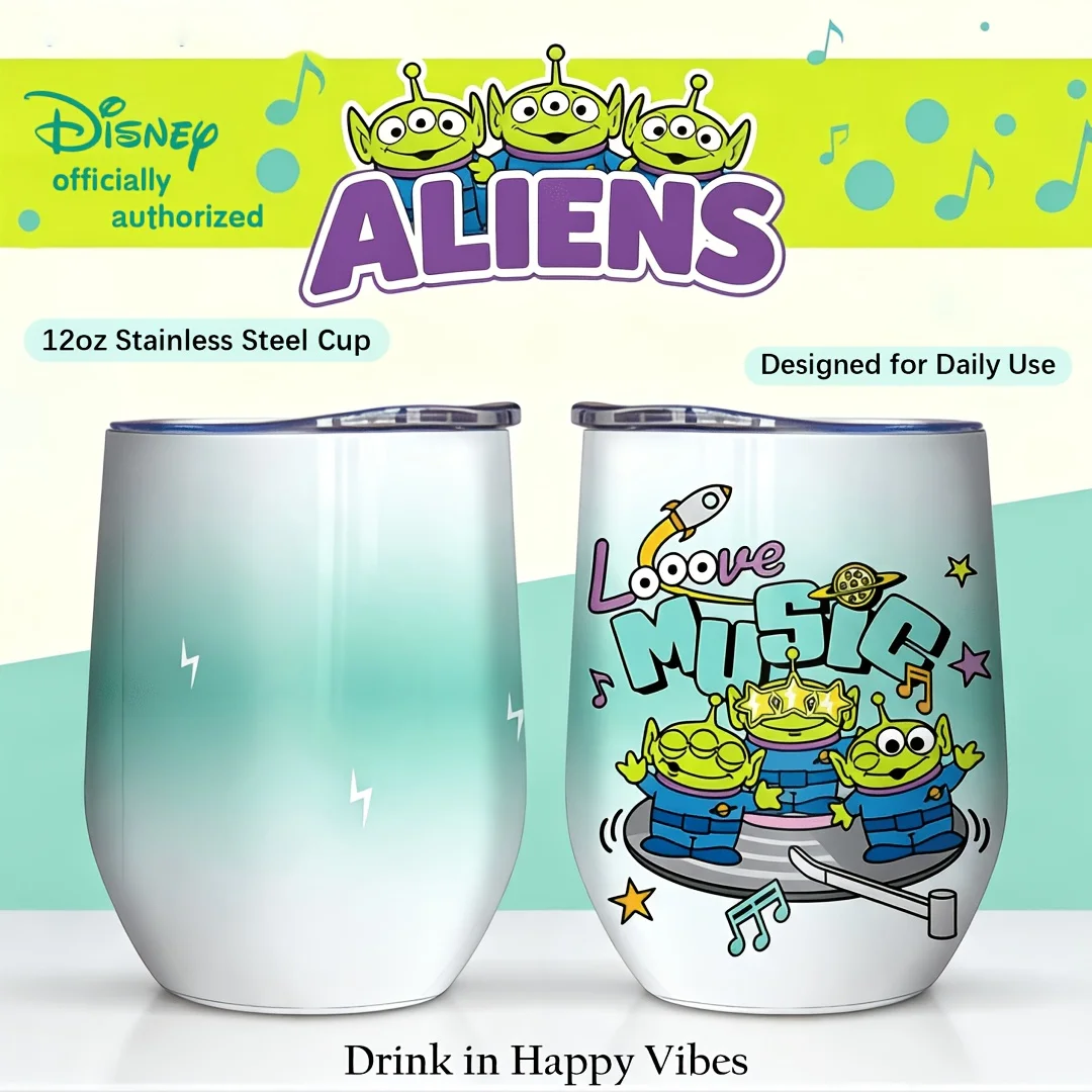 1pc 12oz Disney Toy Story Aliens DJ Music Stainless Steel Wine Tumbler Portable Drinkware Cup for Home Outdoor Holiday Gift