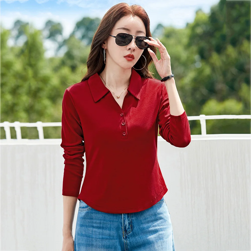 

New Women Simplicity Long Sleeve T-shirt Spring Autumn Fashion Turn-down Collar Slim Waist Short Tees Female Daily T-shirt
