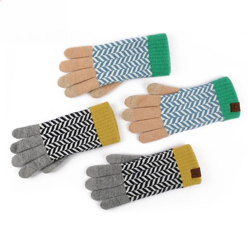 Autumn Winter Wool Color Block Knitted Gloves Retro Jacquard Fleece Lined Cycling Touchscreen Warm Gloves