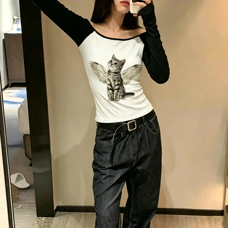 European and American cross border Autumn Women Sweet Cool Cat Print Solid Long Sleeve T Shirt Slim Fit Harajuku Inner Top