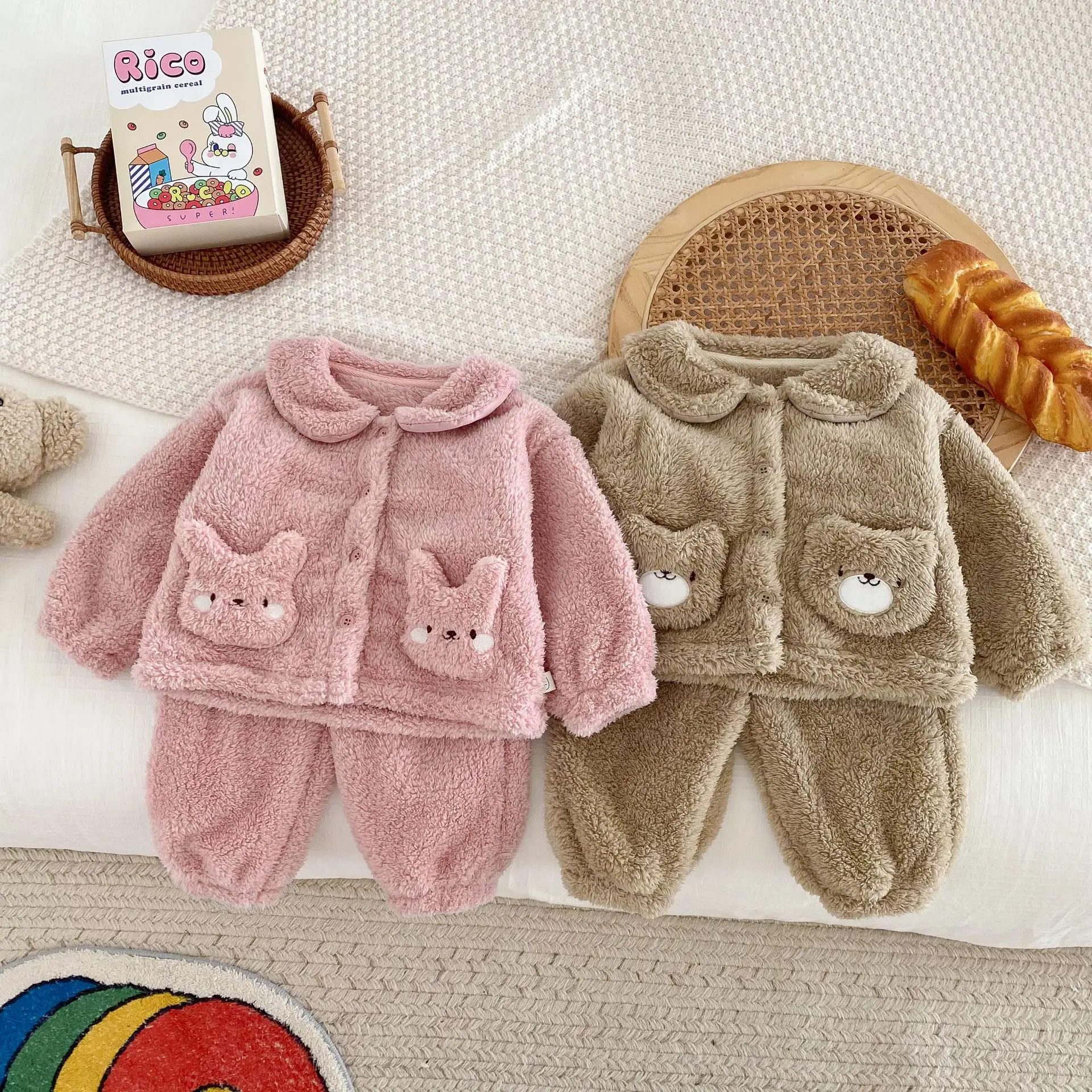 MILANCEL 0-5Y Baby Children's Pajamas Suit Autumn Winter Boys Home Clothing Cute Cartoon Double-sided Fleece Girls Sleep Wear