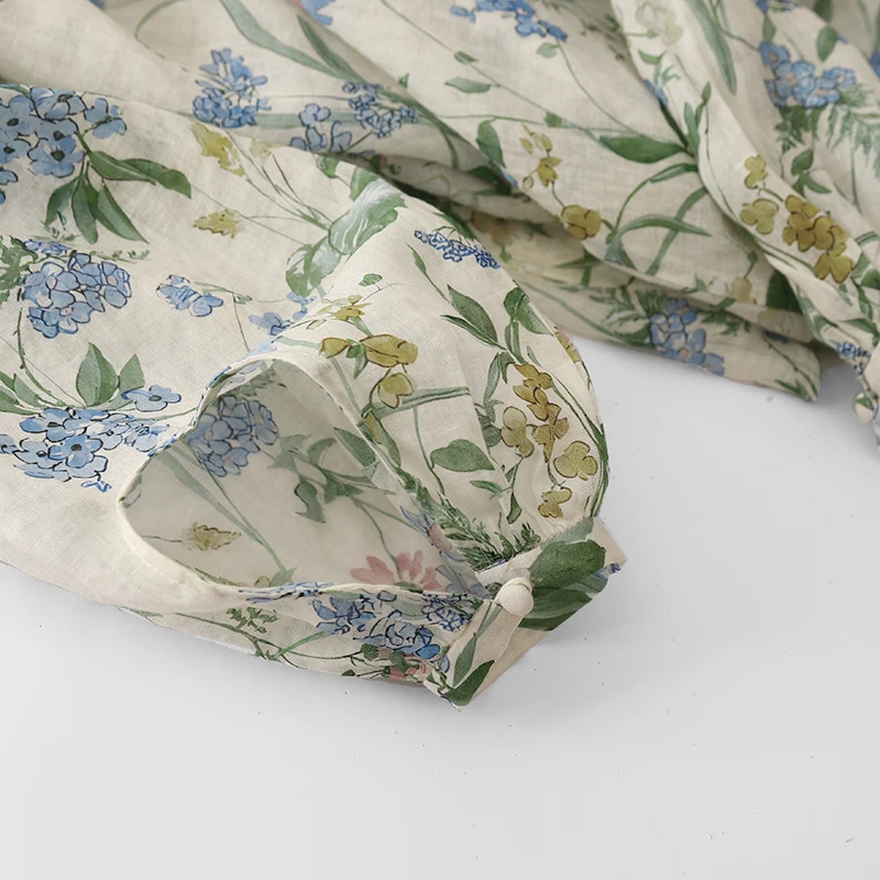 로맨틱 프린트 리넨 셔츠 여성 초가을 하이 엔드 디자인 감각 작은 v 넥 태양 보호 리넨 긴 소매 탑