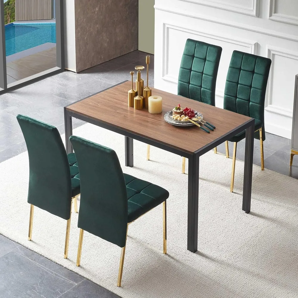 5-Piece Dining Table Set, 47 in Modern Rectangle Walnut Faux Wood Grain Kitchen Table & 4 High Back Velvet Upholstery Side Chair