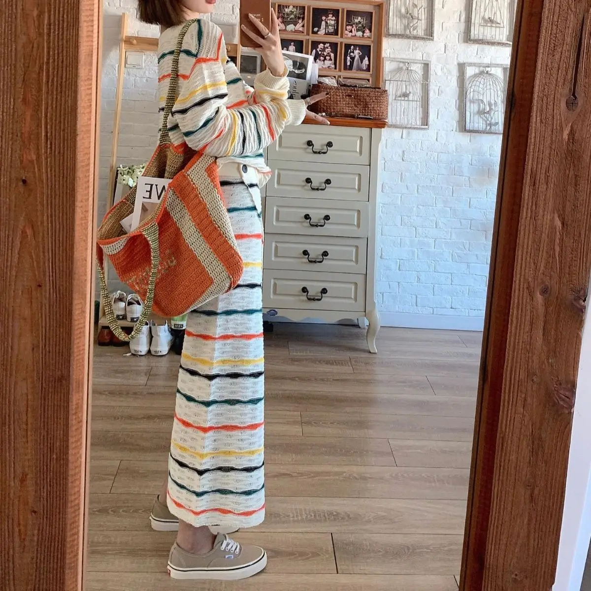 Autumn Vintage Knitting Stripe Sets Women O Neck Long Sleeves Top Button Split Long Skirt Casual Loose Knitted Two Piece Suits