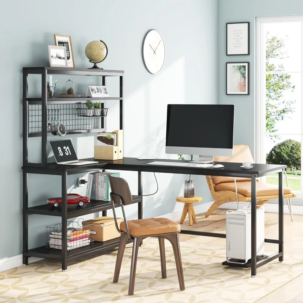 

Computer Desk, 55 Inch, Reversible Desk, Study Desk with Wireless Charging and Hutch for Home Office, Office Computer Desk