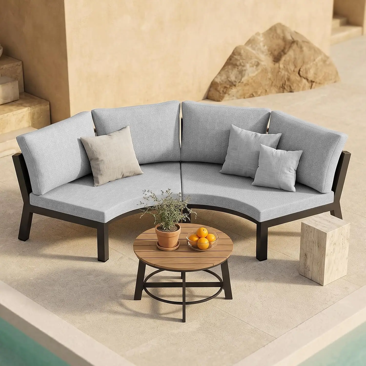 Luxury Patio Furniture Set for 3 People, 3-Piece Curved Patio Conversation Sets with Woven Rope & Modular Coffee Table