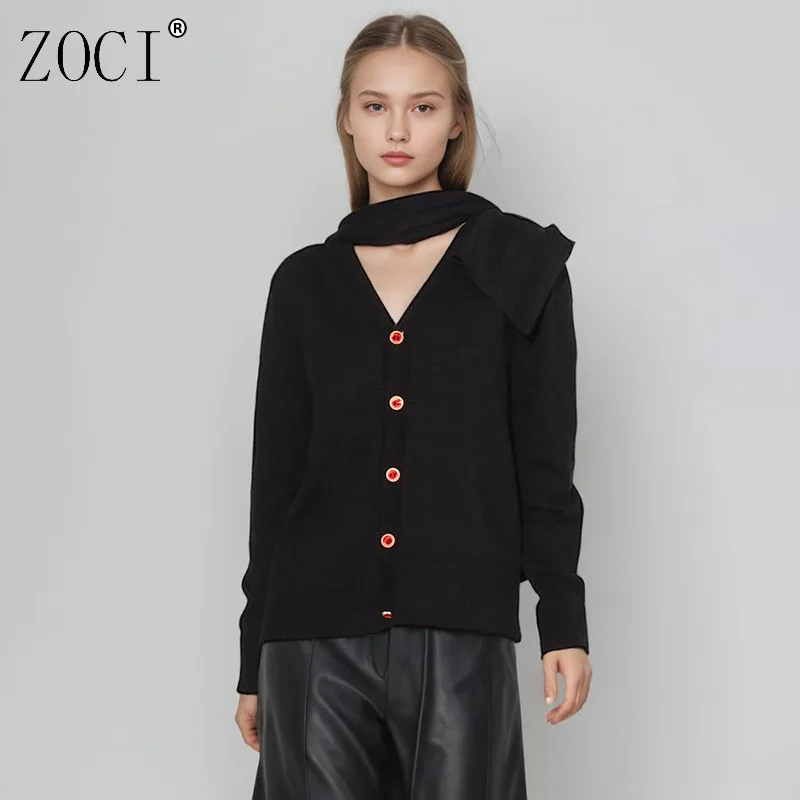 

ZOCI Women's Elegant Versatile Knitwear Scarf-Style Hooded Cardigan Long-Sleeve Outerwear Sweater Female Solid Color Tops 2025
