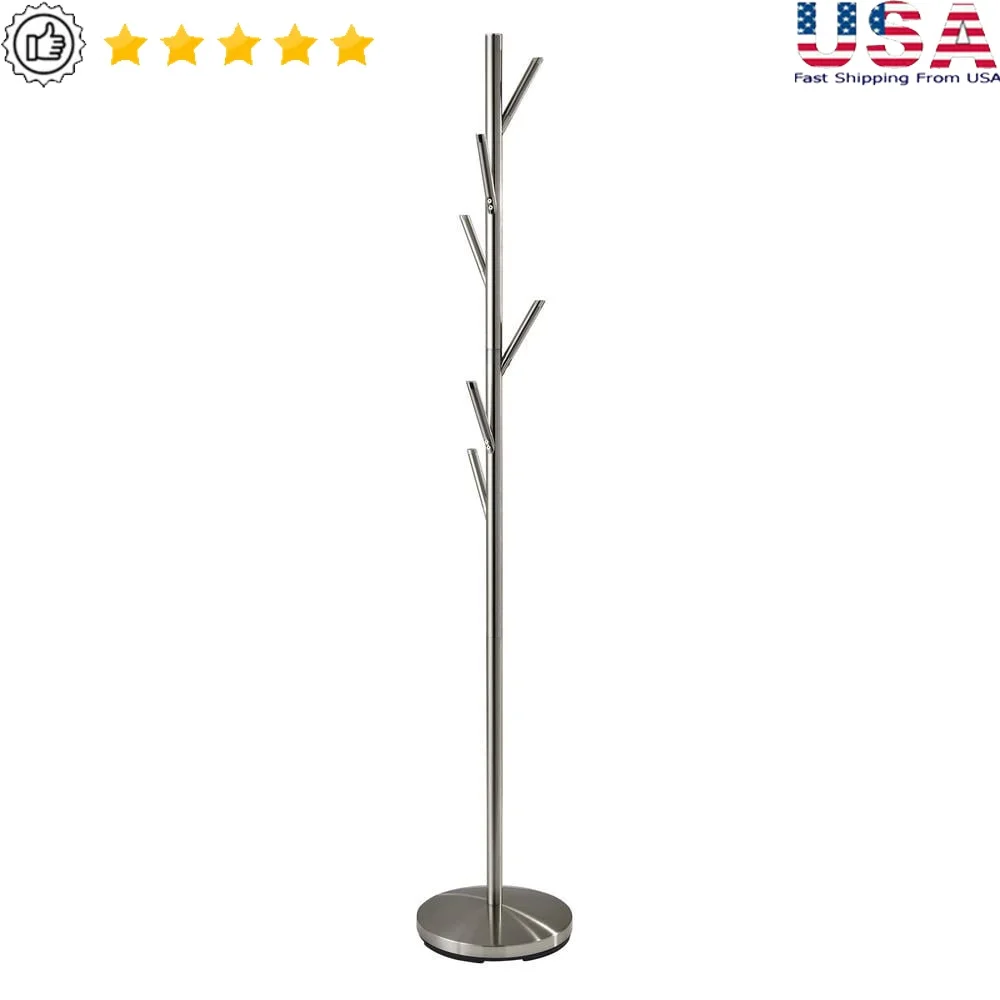 

Sculptural Metal Coat Rack with Angled Hooks Hat Holder Brushed Steel Finish 6 Hook Design 67 Inch Height 50 lbs Capacity