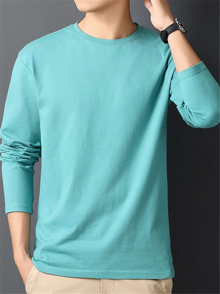 T-Shirt à Manches sulfet Col Rond pour Homme, Vêtement Décontracté, Confortable, Respirant, Slim, Style Coréen, 100% Coton, Printemps Automne