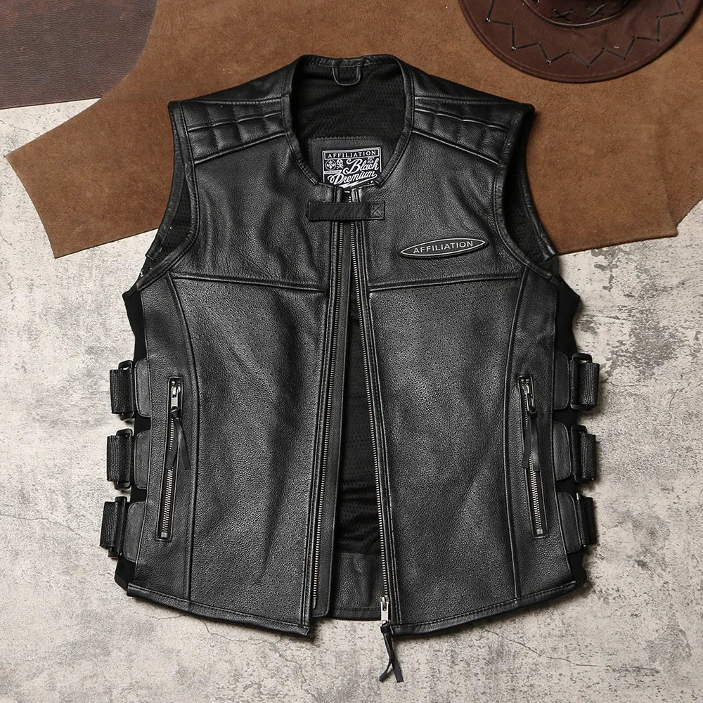 Unisex Genuine Leather Motorcycle Vest, All Season Cowhide Biker Waistcoat Club Team Jacket with Protector Pockets