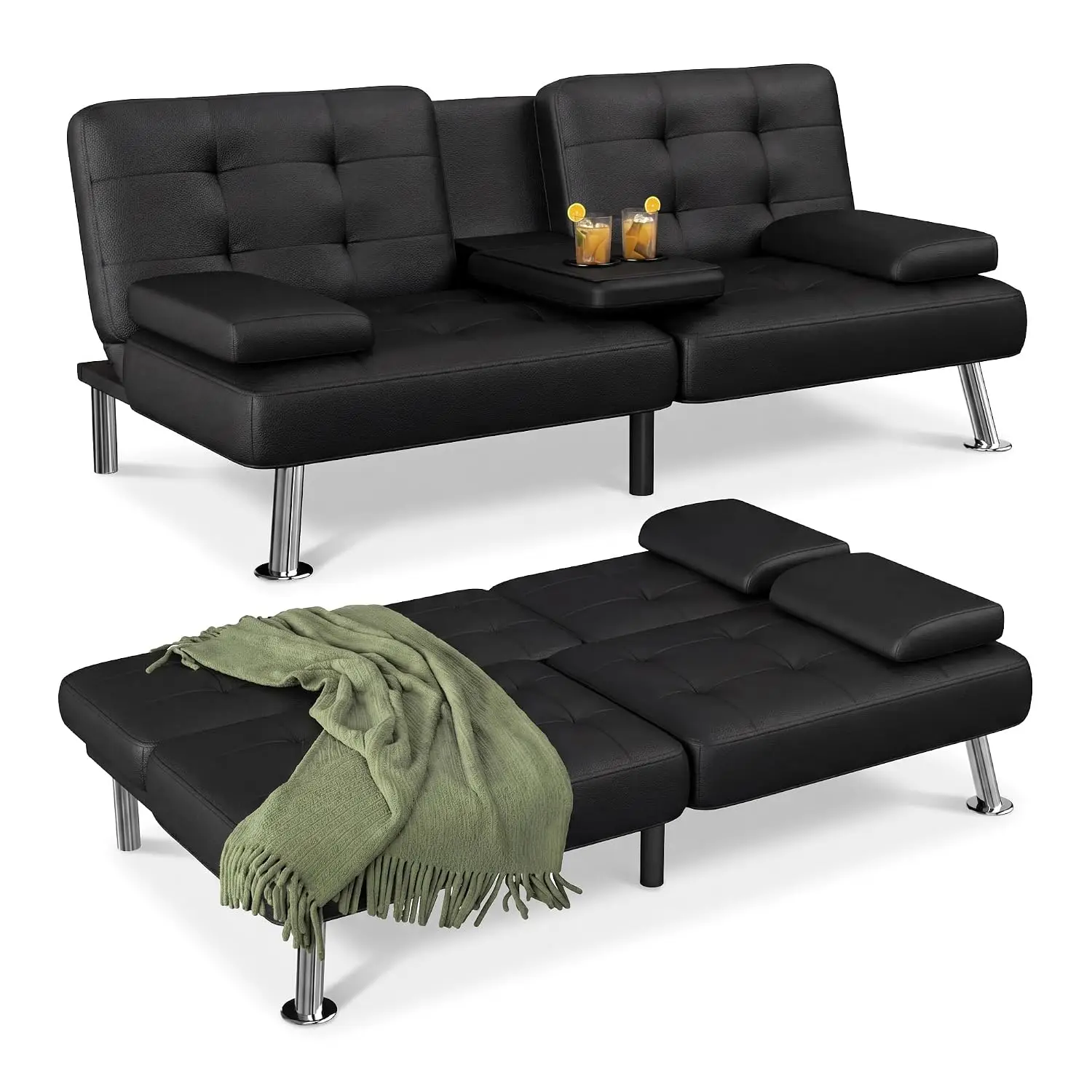 Futon Sofa Bed, Black Faux Leather Convertible Loveseat Couch | Modern Adjustable Folding Futon Set with 2 Cup, Customized