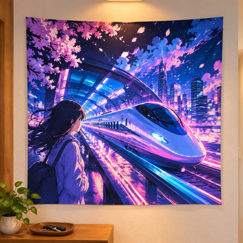 VIKAMA Futuristic Train Anime Tapestry Wall Hanging, Cyberpunk Anime Wall Decor Tapestries for Bedroom Living Room Office Study
