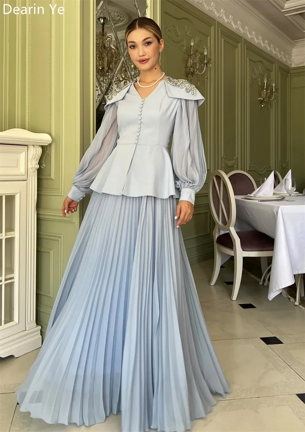 Customized Prom Gown Formal Dearin V-neck A-line Floor Length Skirts Draped Tulle Beading Bespoke Occasion Dresses Saudi Arabia