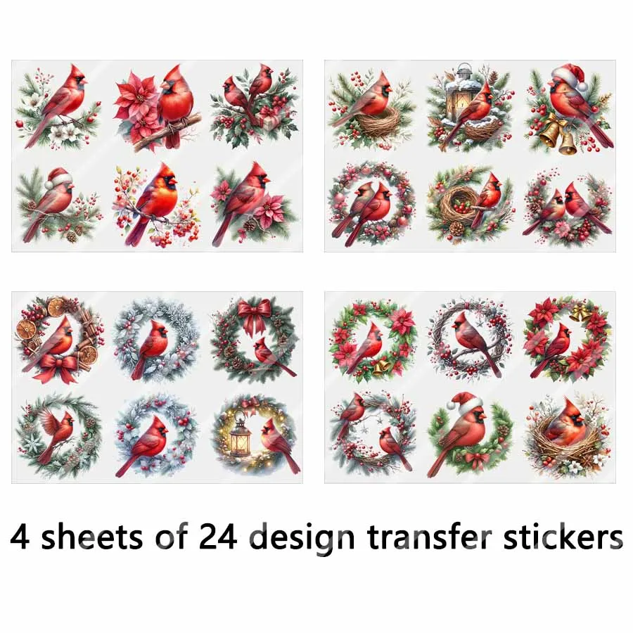 4 stks Kerst Rode Kardinaal Lente DIY UV DTF Wrijven Op Transfer Stickers Glazen Beker Wrap Kaarten Thuis XMas Boom ornament Decor