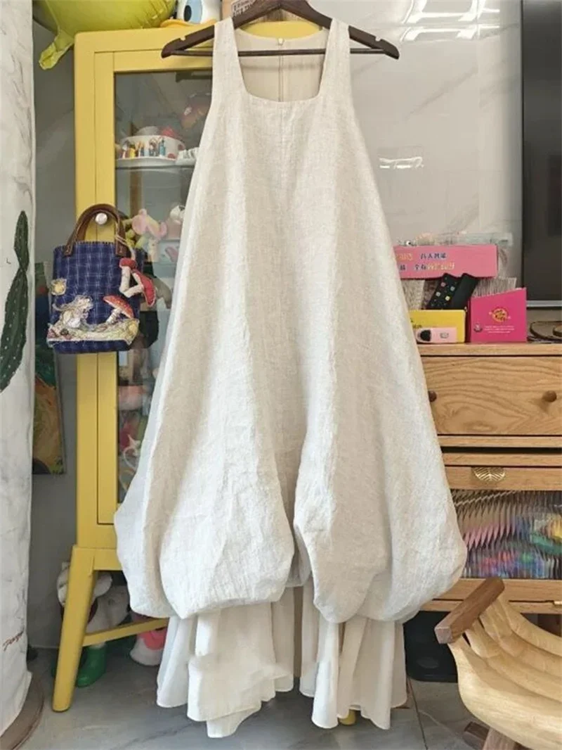 Apricot Colored Sleeveless Vest Dress Women 2025 New Summer Loose Square Collar Zipper A-Line Sleeveless Two Fake Flower Buds