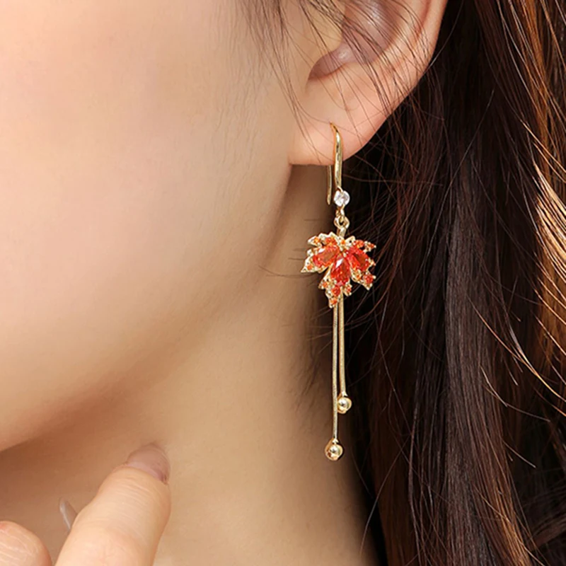 925 Sterling Silver Needle Retro light luxury Red Zircon Maple Leaf Ball Tassel Ear Hook/maple Leaf Stud Earring Fashion Jewelry
