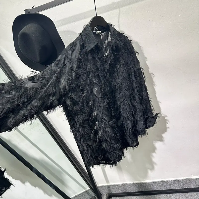designer-inspired, hollowed-out avant-garde feather-printed loose long sleeves shirt, edgy and stylish, high-end top for both