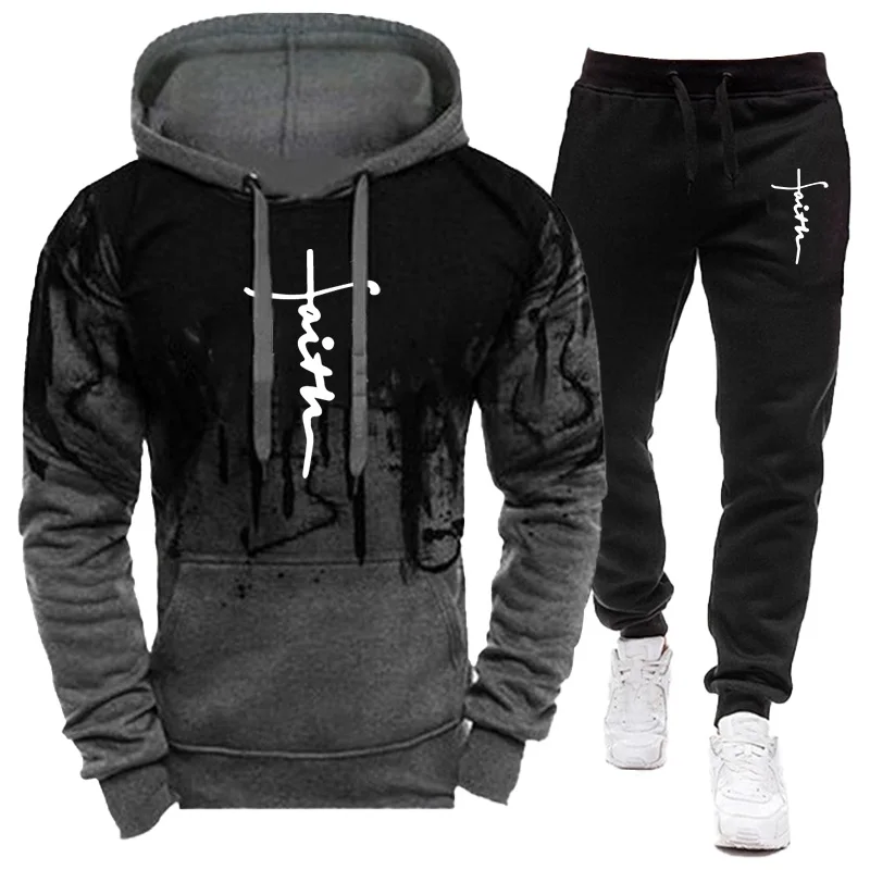 Hot Autumn Winter faiths Printed Tracksuit Men 2 Piece Sets Mens Sweatshirt Sport Joggers Sweatpants Suit