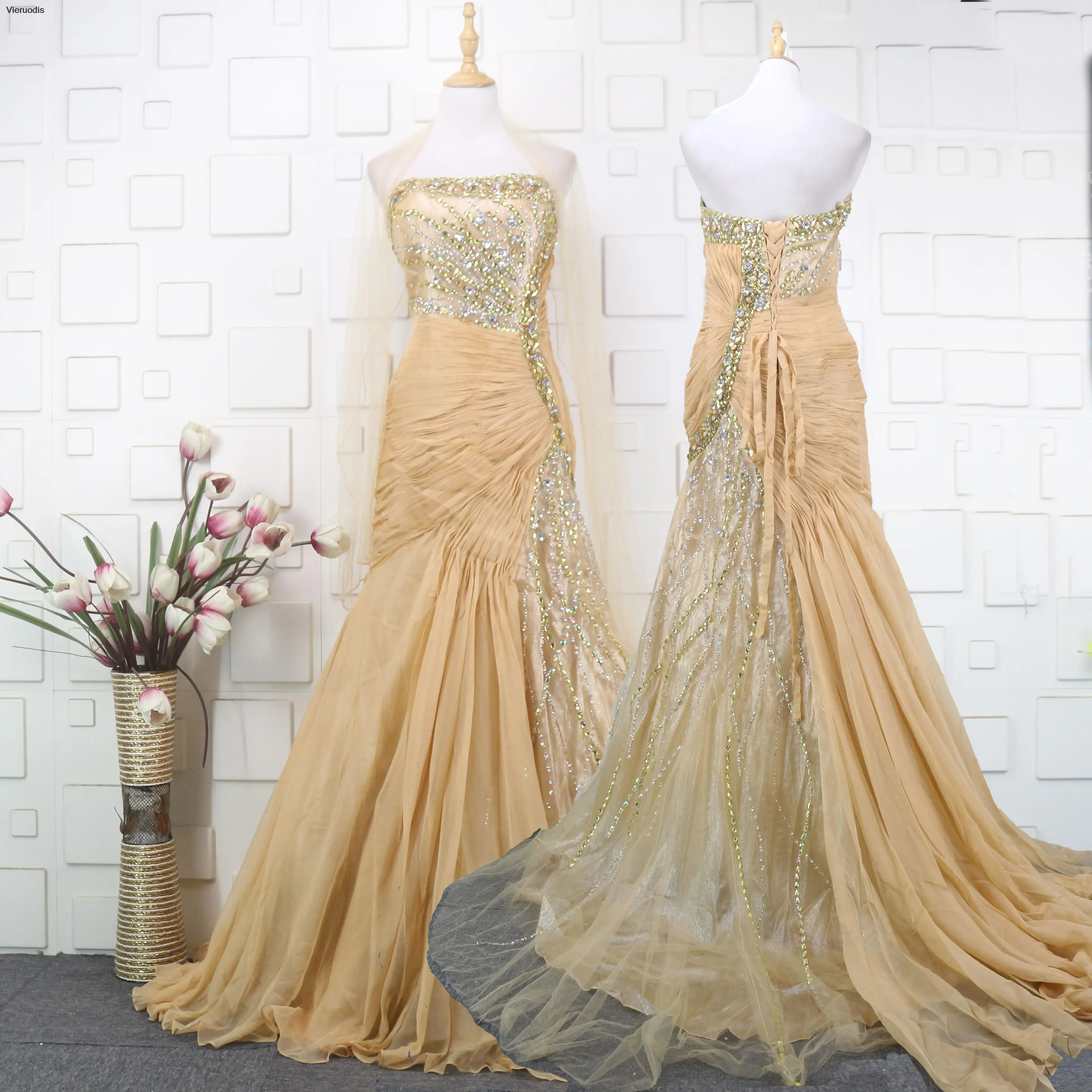 

Real Picture Champane Evening Dress Mermaid Crystal Beads Strapless Chiffon Floor Length Formal Evening Gown for Women