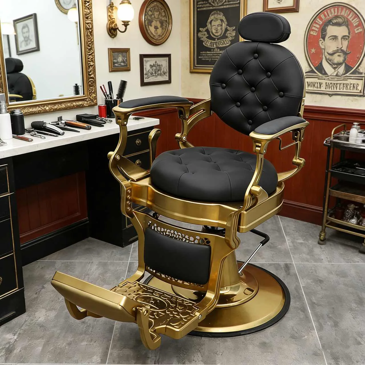 Classic Professional Retro Hairdressing Salon Furniture Durable Barber Shop Black White Gold Green Red Washing Barber Chair.