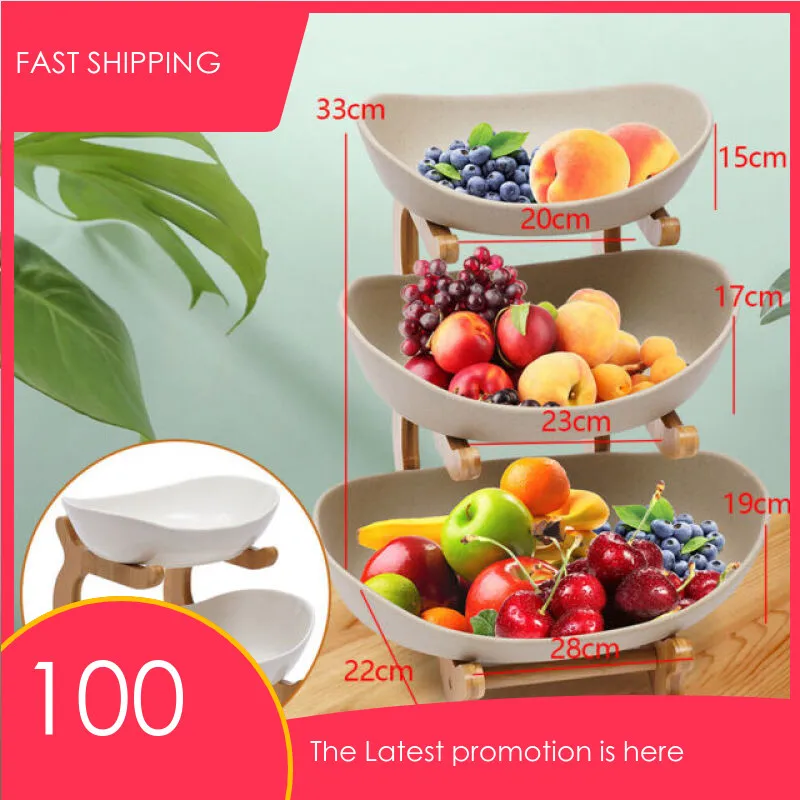 3-Layer Wooden Fruit Tray Storage Rack Vegetables Snacks Storage Cake Candy Plate Holder Ceramic Decorative Kitchen Organizer