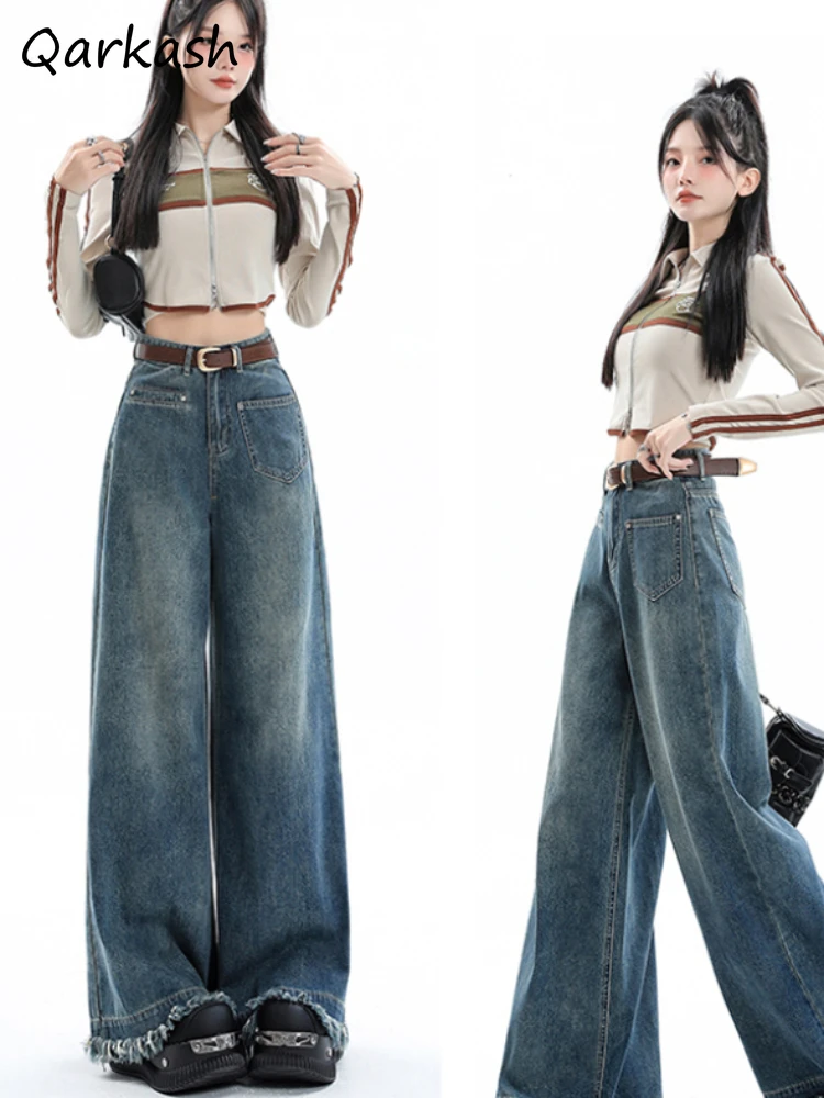 

Women Denim Jeans Straight Loose Spring Vintage Raw Edge Pockets High Waist Korean Style College Commuting Casual Design Fashion