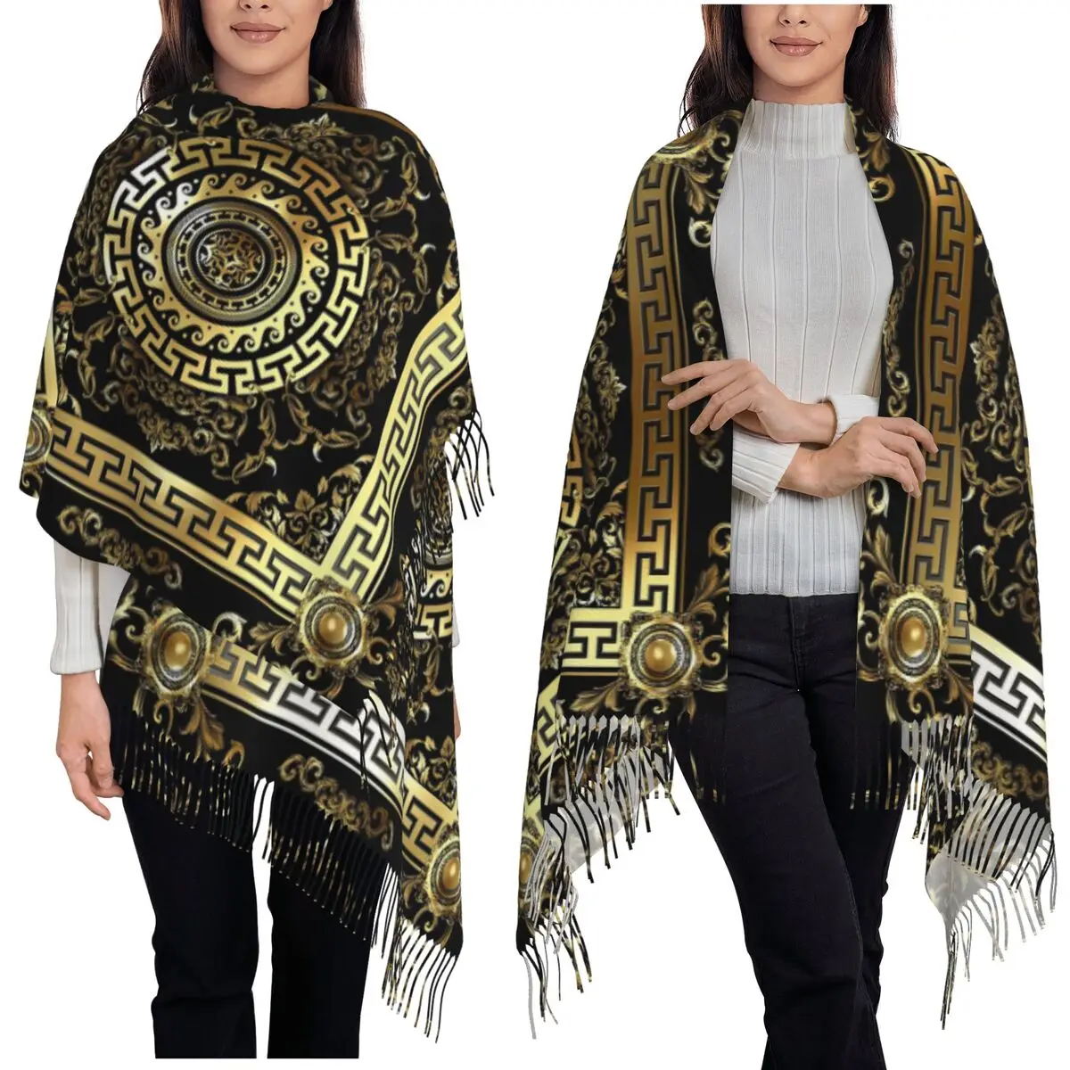 

Золотой, черный греческий шарф Key Meander в стиле барокко, шарфы с кисточками для женщин, мягкие теплые шали и накидки, большая осенне-зимняя шаль