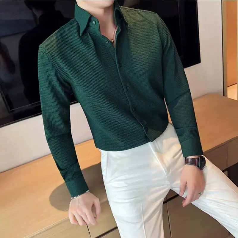 

2023 Spring New Waffle Long Sleeve Shirts British Style High-End Fashion Casual Dress Men's Business Slim Fit Luxury Shirt S-3XL