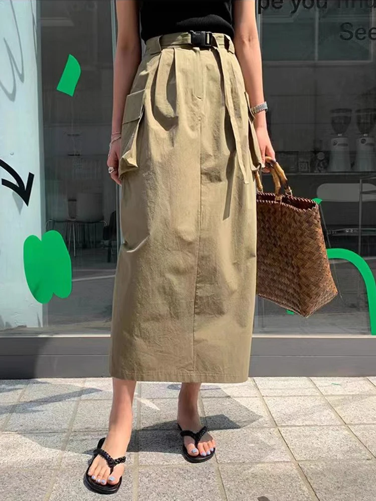 

ZHISILAO New Elastic Waist Cargo Skirt Women Casual Y2K Khaki A-line Skirt Midi Spring Summer 2024