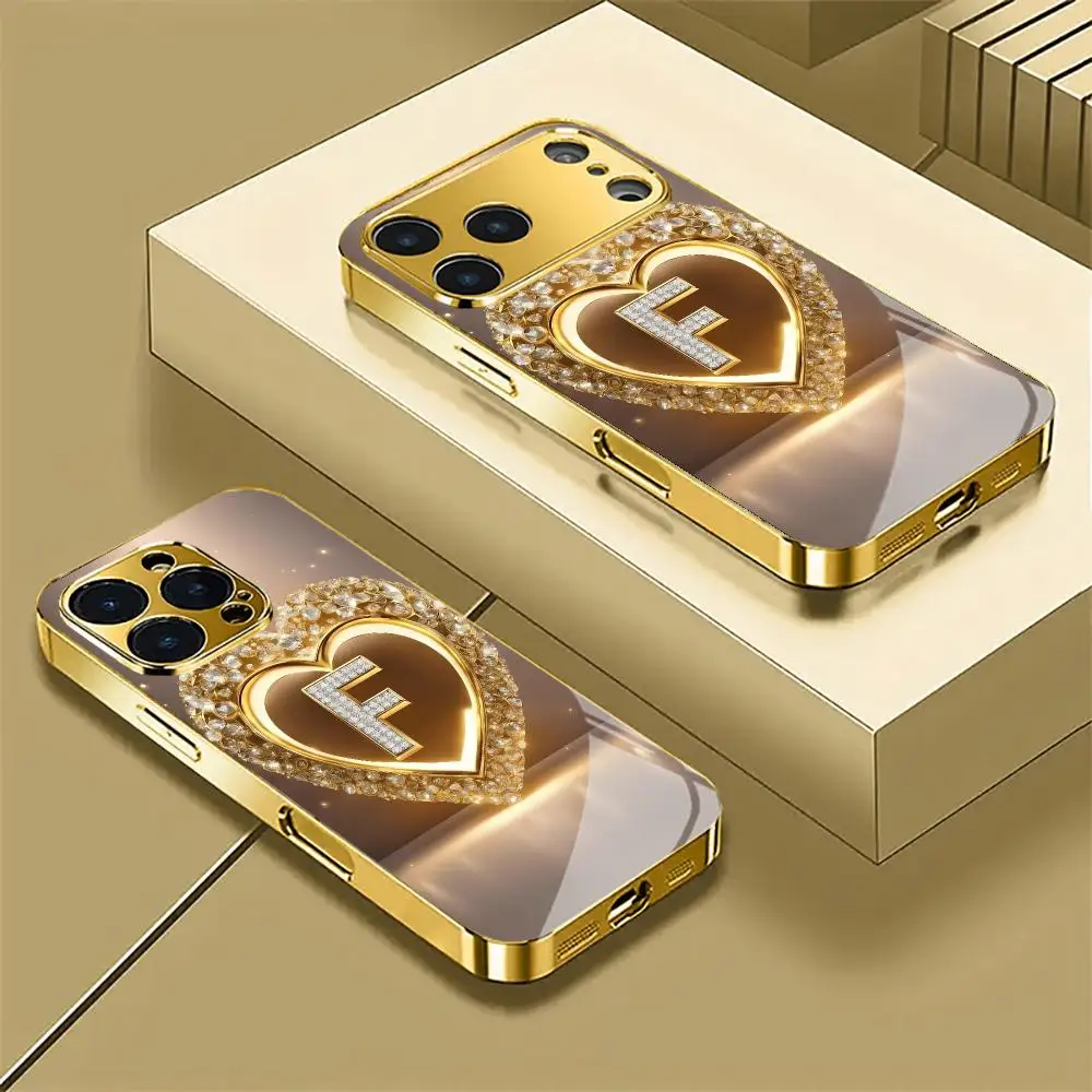 Funda de Teléfono de Cristal Electrochapado con Estampado de Letra F y Corazón de Diamantes de Lujo para iPhone 18 17 16 15 14 13 12 11 Pro Max Plus