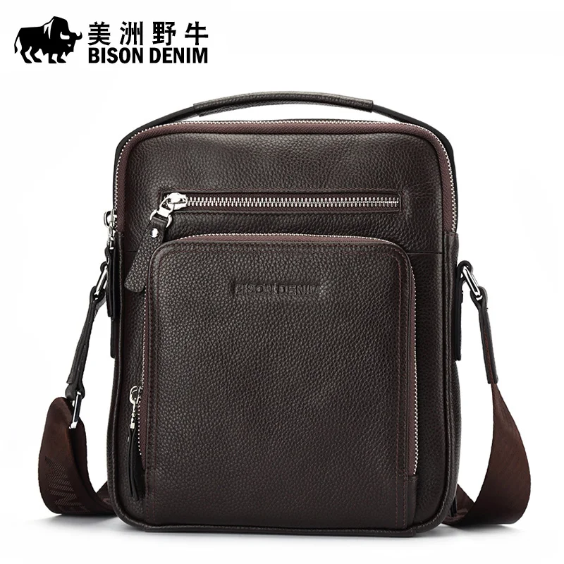 BISON DENIM Classic Black Male Bag Genuine Leather Business Crossbody Bag iPad Mens Messenger Bag Casual Bolsas Male N2845 2023