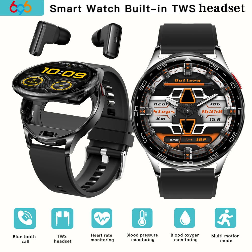 TWS Headset Relógio Inteligente para Homens e Mulheres, Esporte Fitness Smartwatch, Frequência Cardíaca, Saúde, Redução de Ruído, Fone de Ouvido Música, 1.39 ", 2 em 1