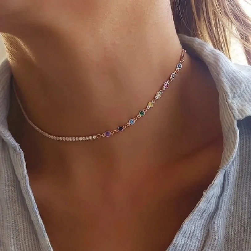 2022 New Colorful Women Choker Collar Half White Half Rainbow Bezel CZ Dot Link Tennis Chain Necklace