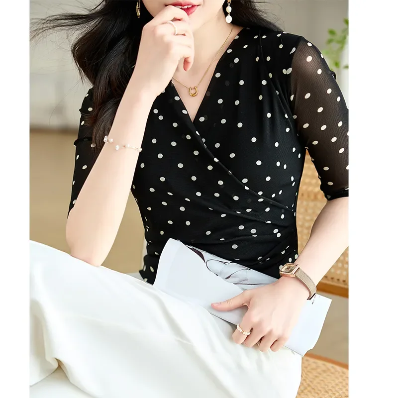 Polka Dot Wrap V-Neck Blouse Women Sheer Half Sleeve Slim Fit Elegant Casual Top