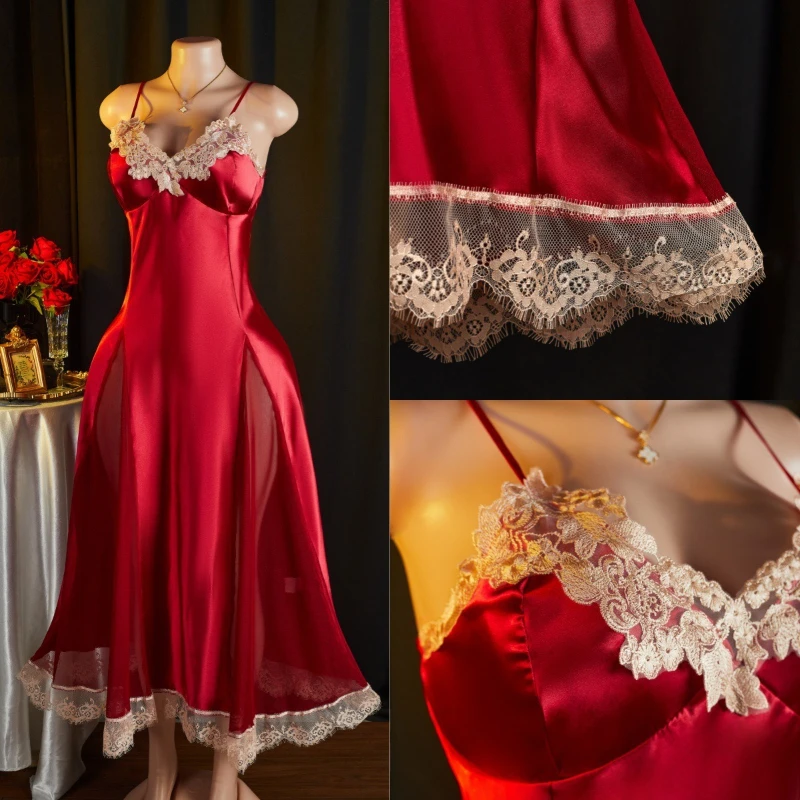 2026 Hot Selling Sexy Suspender V-neck Waist Cinched Lace Patchwork Satin Medium Long Two-color Dress for Women