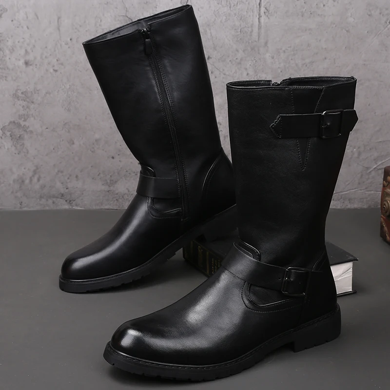 

Мужские модные высокие мотоциклетные ботинки для сцены, ночного клуба, черные туфли из натуральной кожи, ковбойские осенне-зимние ботинки, крутые длинные рыцарские ботинки