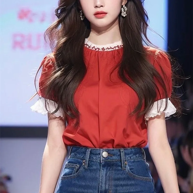 

Spring And Summer New Round Collar Office Lady Puff Short Sleeve Ruffles Women's Wear High Quality Fashion Shirt