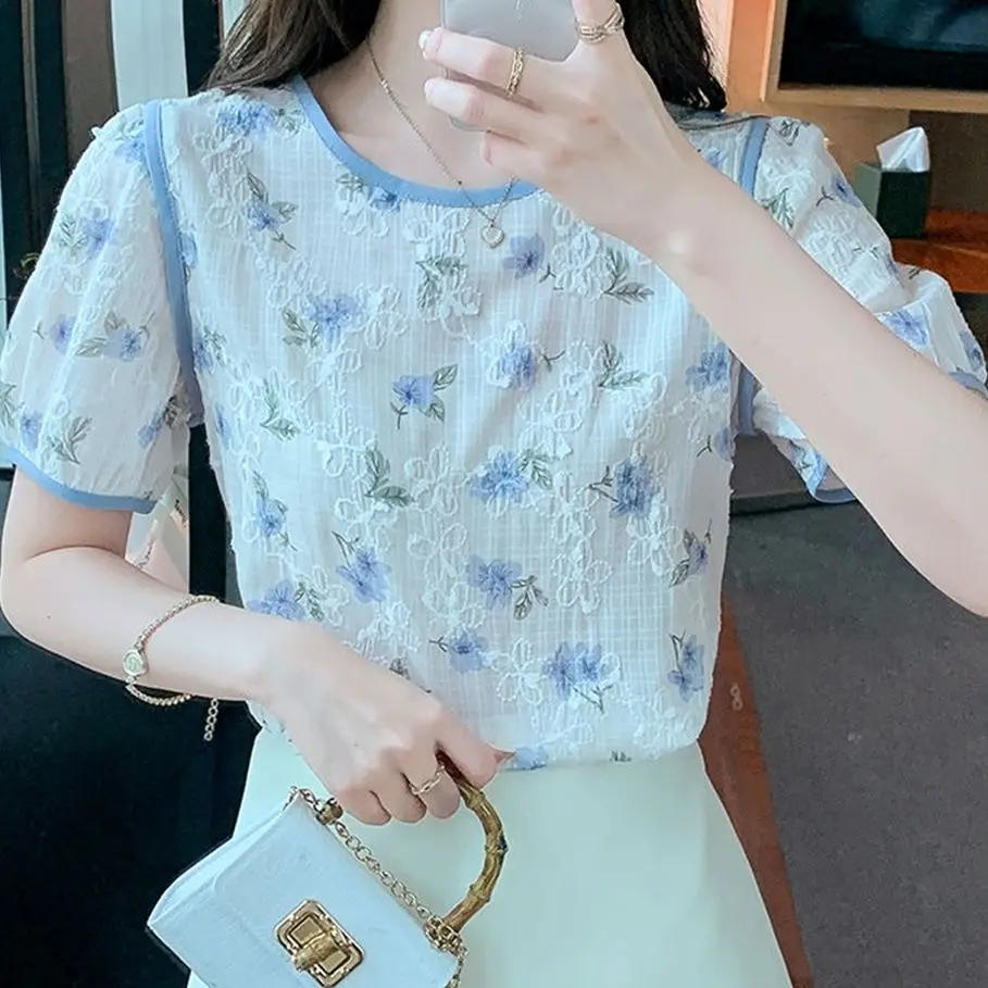 Woman Spring Summer Style Chiffon Blouses Shirts Lady Casual Short Puff Sleeve O-Neck Polka Dot Printed Blusas Tops G2735