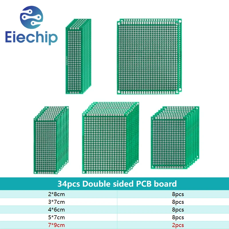 34PCS Double Sided PCB Board Set 2*8cm 3*7cm 4*6cm 5*7cm 7*9cm Prototype Kit DIY Universal Circuit Board