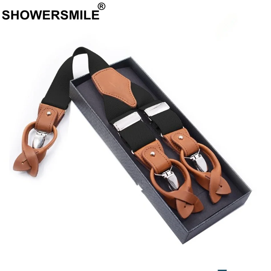 SHOWERSMILE Men Suspender Clips Solid Red Shirt Braces Leather Elastic Male Wide Suspenders 3.5cm Khaki Blue Black Coffee