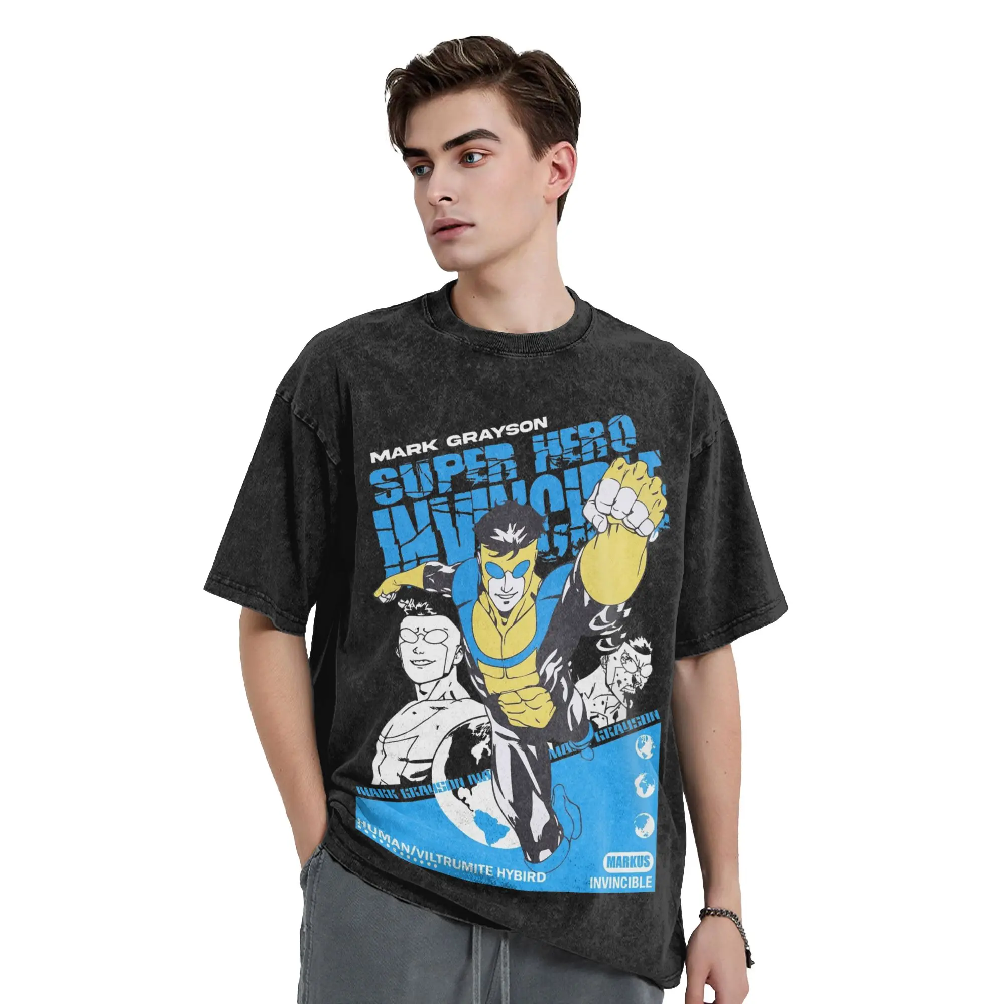 Invincible Mark Grayson T Shirts Washed Short Sleeve Oversize T-Shirts for Men Women Tops Streetwear Graphic Printed Tops Tees