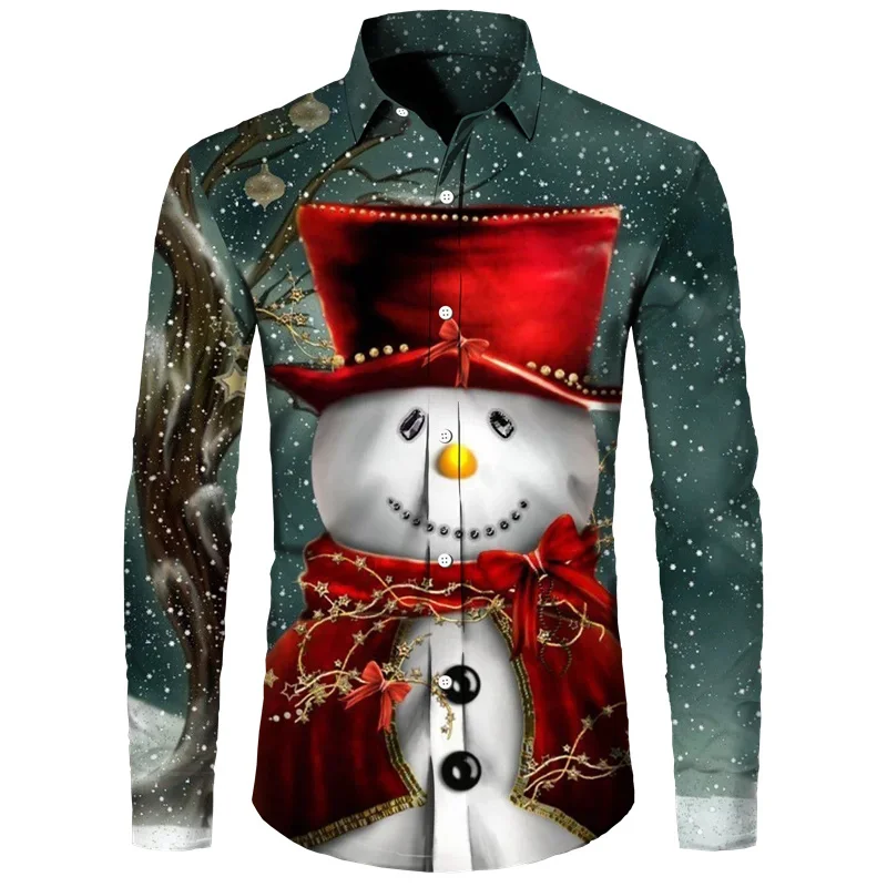 New Year Party Shirt Christmas Snowman Men\'s Long Sleeves Shirt 2024  3D Printed Long Sleeve Tops Casual Christmas Men\'s Shirt