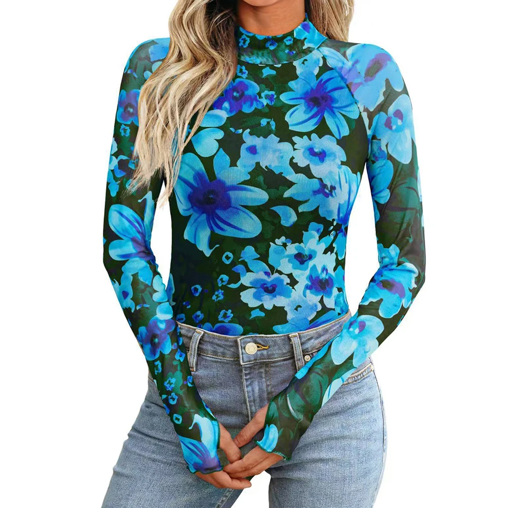 

2025 Fashion O-Neck Long Sleeve Pullovers Woman High-neck Long-sleeved Casual Slim-fit Floral Print Shirt Comfortable Tops
