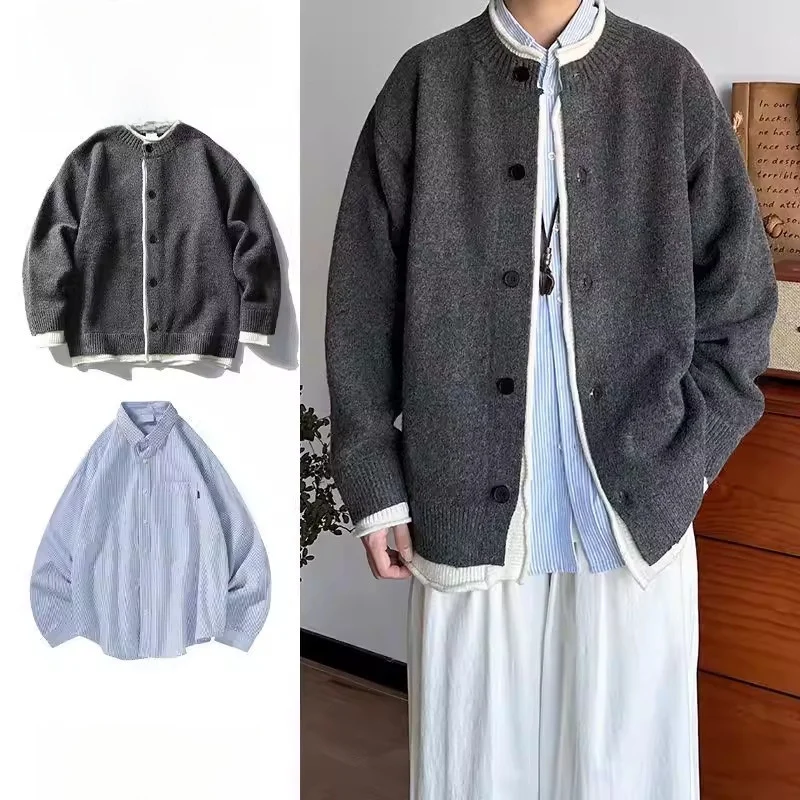 

Мужской вязаный кардиган свободного кроя, комплект из двух предметов, темно-серый, с воротником-стойкой, длинный рукав, повседневный свитер для осени и зимы