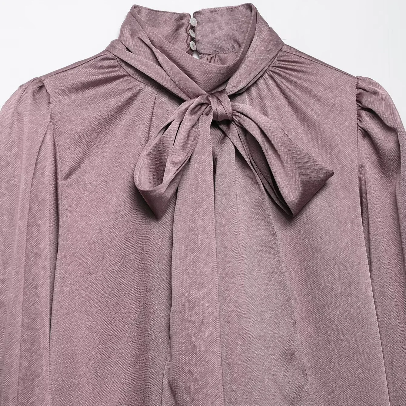 Camicette eleganti a maniche lunghe in raso solido Camicette da donna con colletto allacciato con fiocco Camicia pullover Autunno Nuova camicetta semplice casual vintage