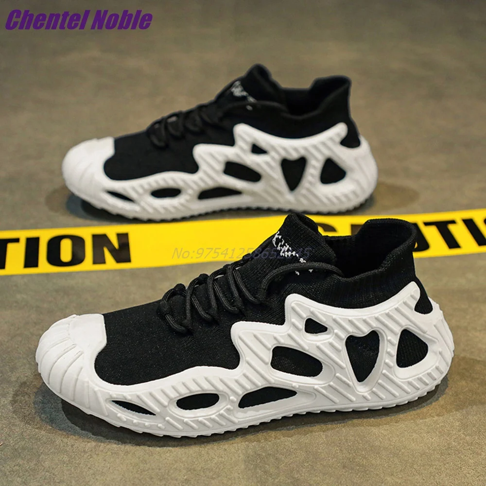 Hollow Lace-Up Sneakers Street Round Toe Flat Mixed Color Men Shoes Breathable Black White Green Fashion Designer Leisure 2023