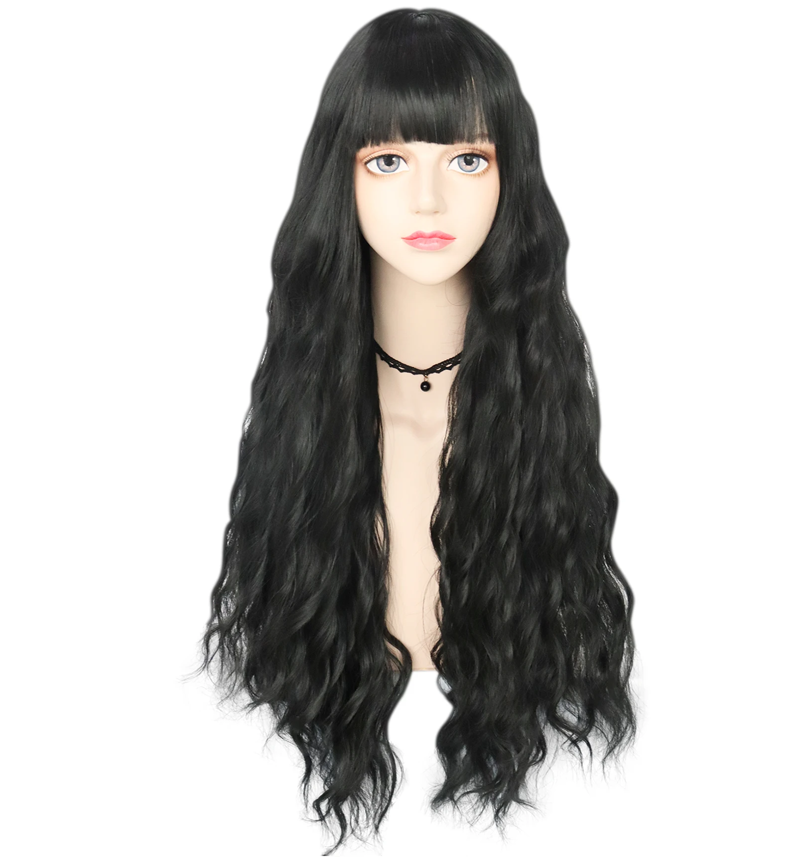 JONETING 33inch Black Curly Long Synthetic Wig With Bangs Cosplay Daily Natural Fiber Heat Resistant Wave Hair Halloween Wigs