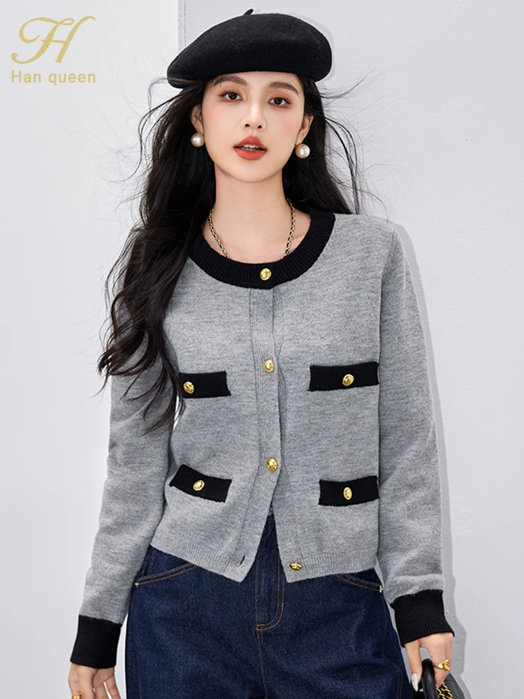 

H Han Queen Autumn Winter Cardigans Sweaters Outerwears Casual Basic Long Sleeve Vintage Top Korean Style Women's Clothing