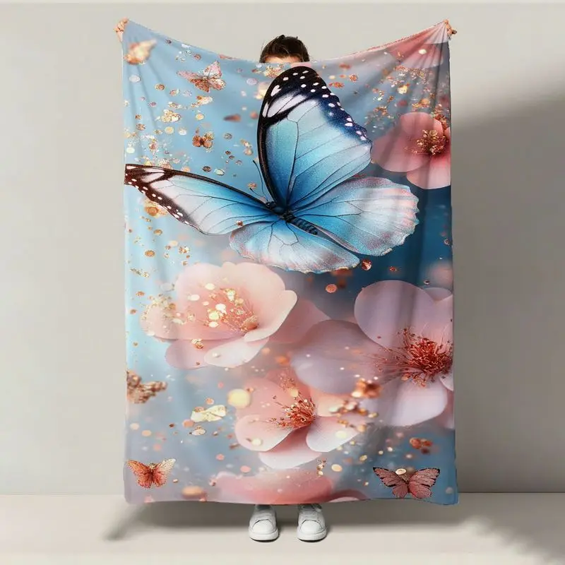 

1pc Luxury Flannel Blanket - Blue Butterfly/Pink Peony, Pastel All-Season Mother’s Day/Valentine’s Throw