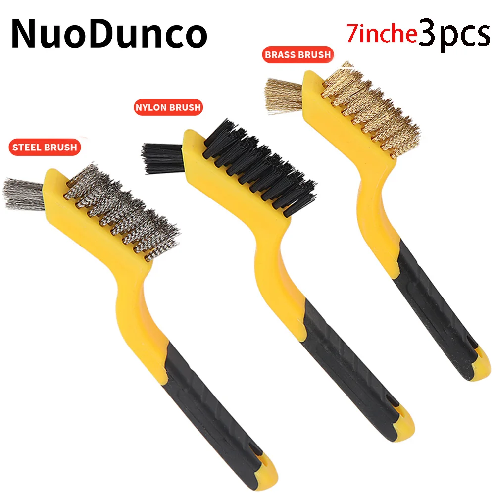 7Inch Brass Cleaning Brush Mini Stainless Steel Brush Metal Burr Polishing Rust Removal Kitchen Dirt Cleaning Nylon Brush 3pcs